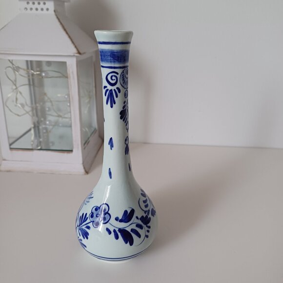 Handpainted Delft Floral Blue and White Tall Bud Vase 638 - Picture 6 of 12
